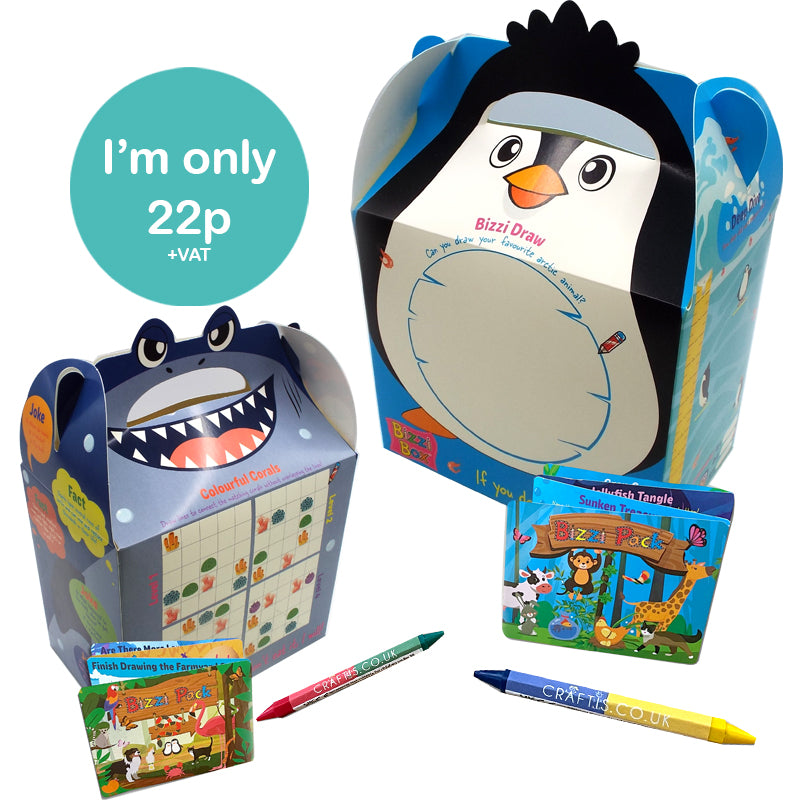 Load image into Gallery viewer, Ocean Bizzi Kids Takeaway Boxes &amp; Animal Activity Pack Shark/Penguin (Case of 200)
