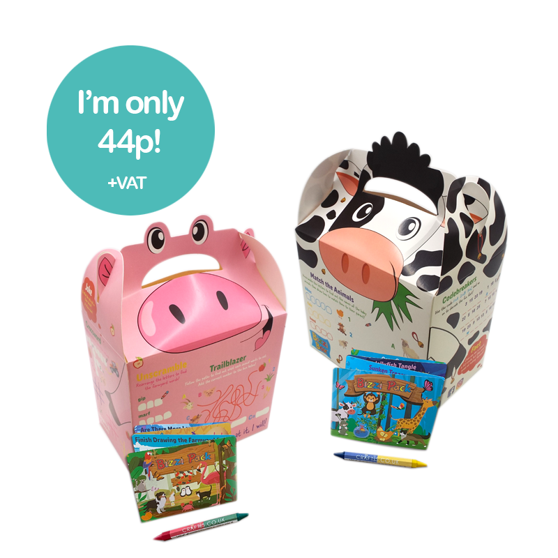 Load image into Gallery viewer, Farmyard Bizzi Kids Takeaway Boxes &amp; Animal Activity Pack Pig/Cow (Case of 200)
