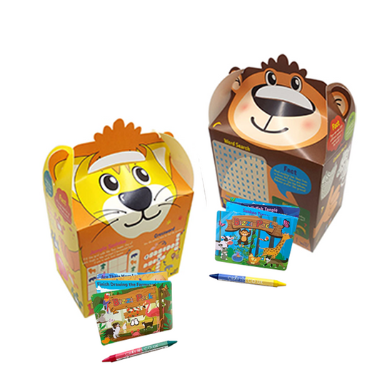 Safari Bizzi Kids Takeaway Boxes & Animal Activity Pack Monkey/Lion (Case of 200)