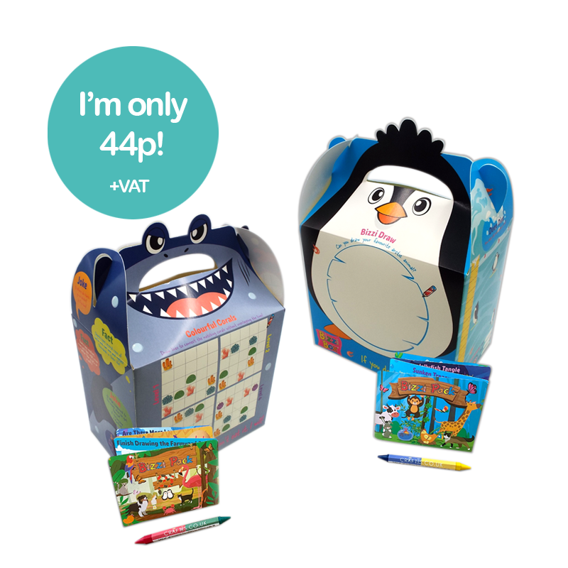 Load image into Gallery viewer, Ocean Bizzi Kids Takeaway Boxes &amp; Animal Activity Pack Shark/Penguin (Case of 200)
