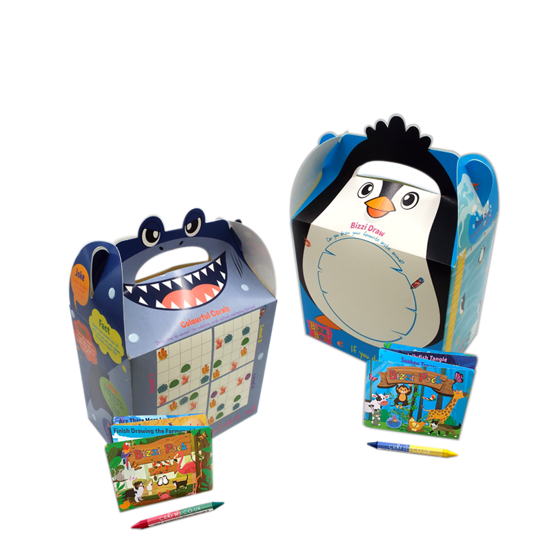 Load image into Gallery viewer, Ocean Bizzi Kids Takeaway Boxes &amp; Animal Activity Pack Shark/Penguin (Case of 200)
