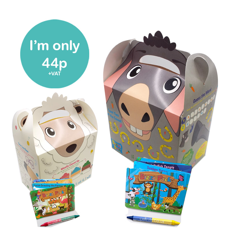 Load image into Gallery viewer, Farmyard Bizzi Kids Takeaway Boxes &amp; Animal Activity Pack Donkey/Sheep (Case of 200)
