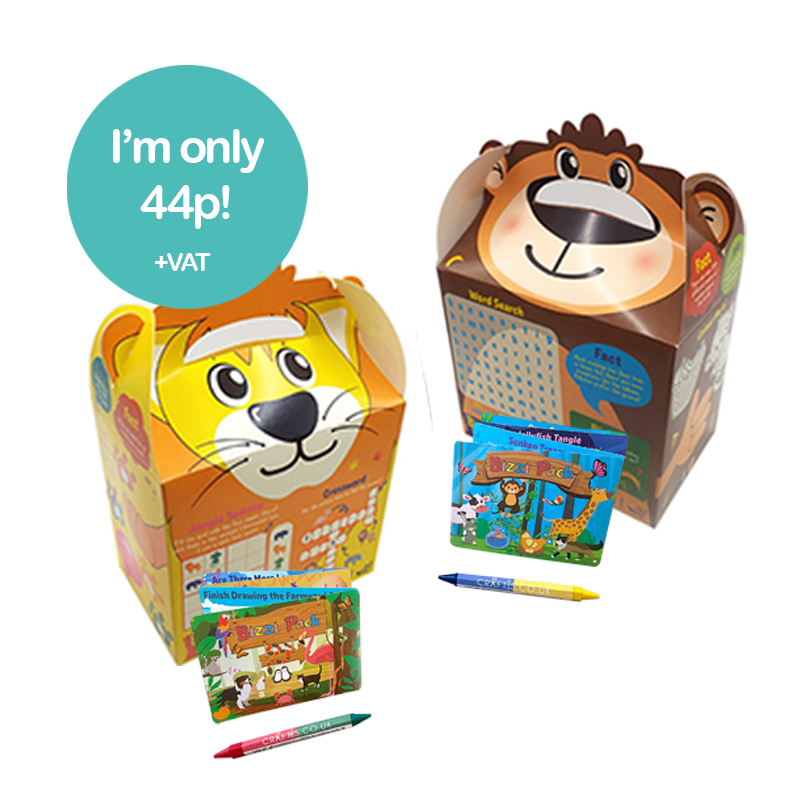 Load image into Gallery viewer, Safari Bizzi Kids Takeaway Boxes &amp; Animal Activity Pack Monkey/Lion (Case of 200)
