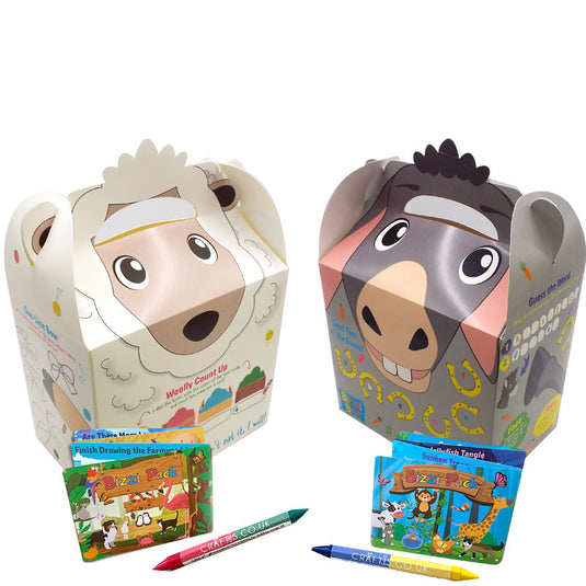 Farmyard Bizzi Kids Takeaway Boxes & Animal Activity Pack Donkey/Sheep (Case of 200)